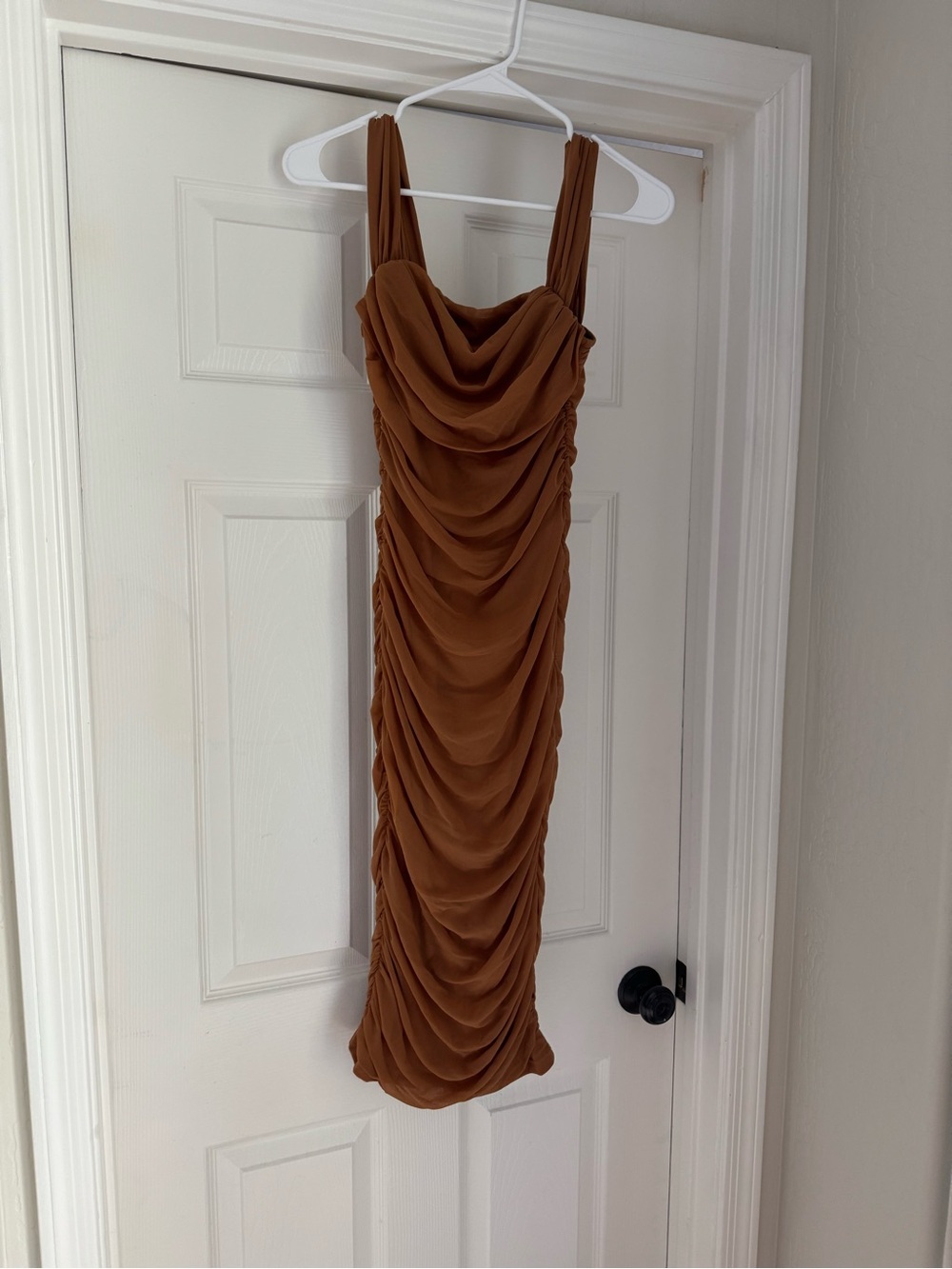 Ruched Brown Sleeveless Midi Dress